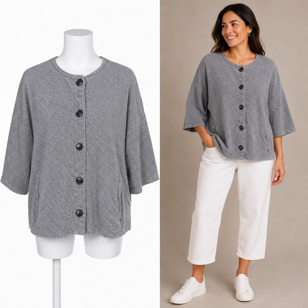 Pure Jill Kimono Jacket Women L Gray Cotton Textured Button Front Cardigan Boxy